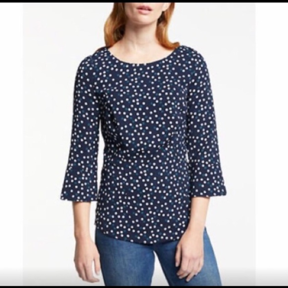Boden Navy Dot Delia Top with Peplum & 3/4 Sleeves